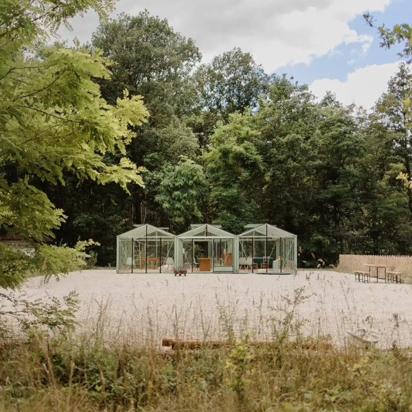 Les serres vitrées de Parenthèse dans la clairière, entourées de forêt